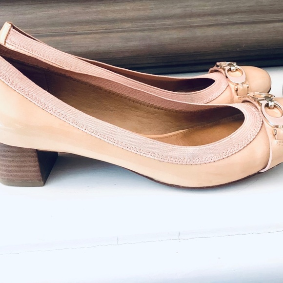 COACH Tandy Patent Leather Block Heel SZ 7.5 B Peach Blush Nude buckle - Picture 6 of 9